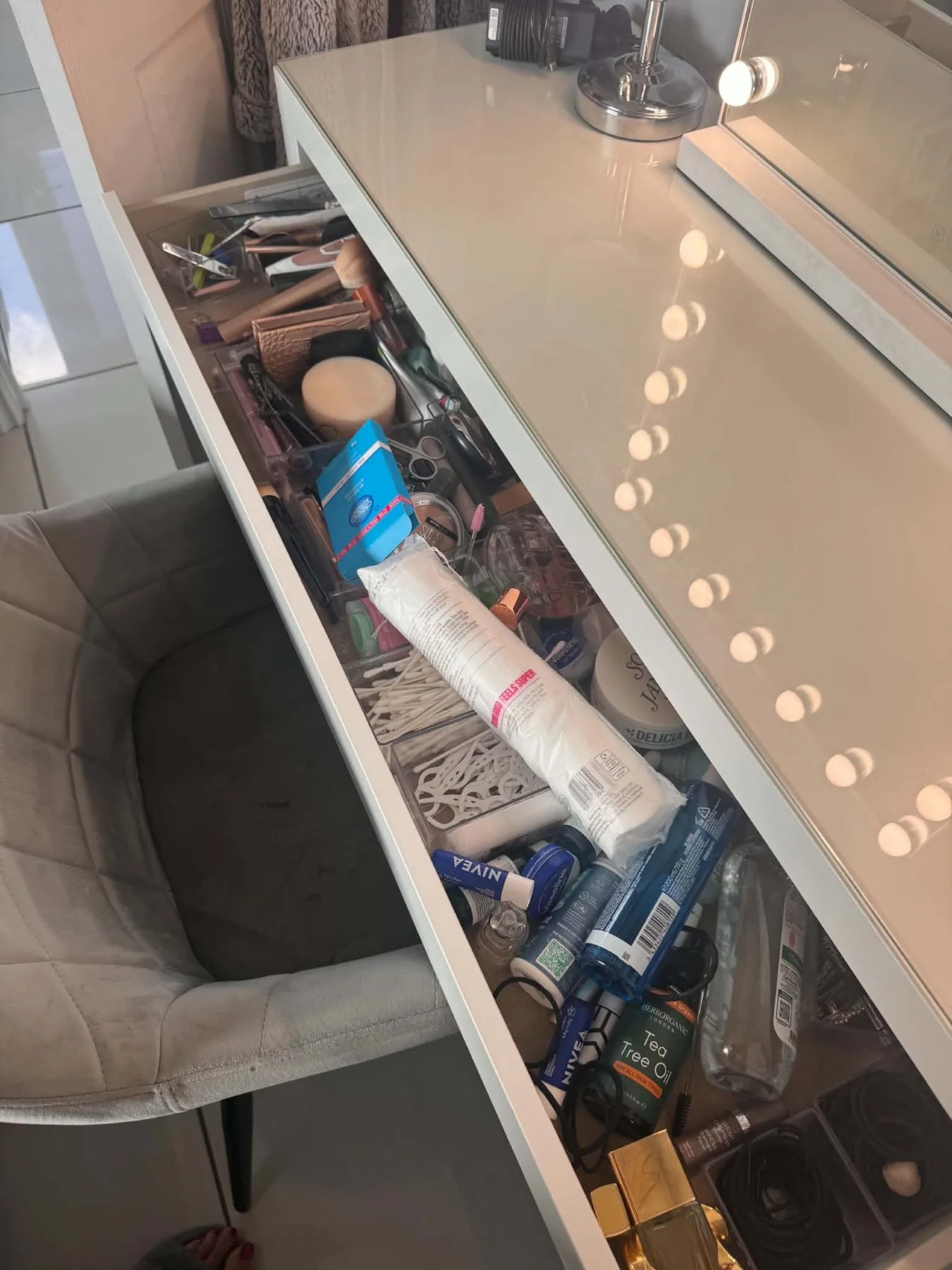 Dressing table drawer before organisation