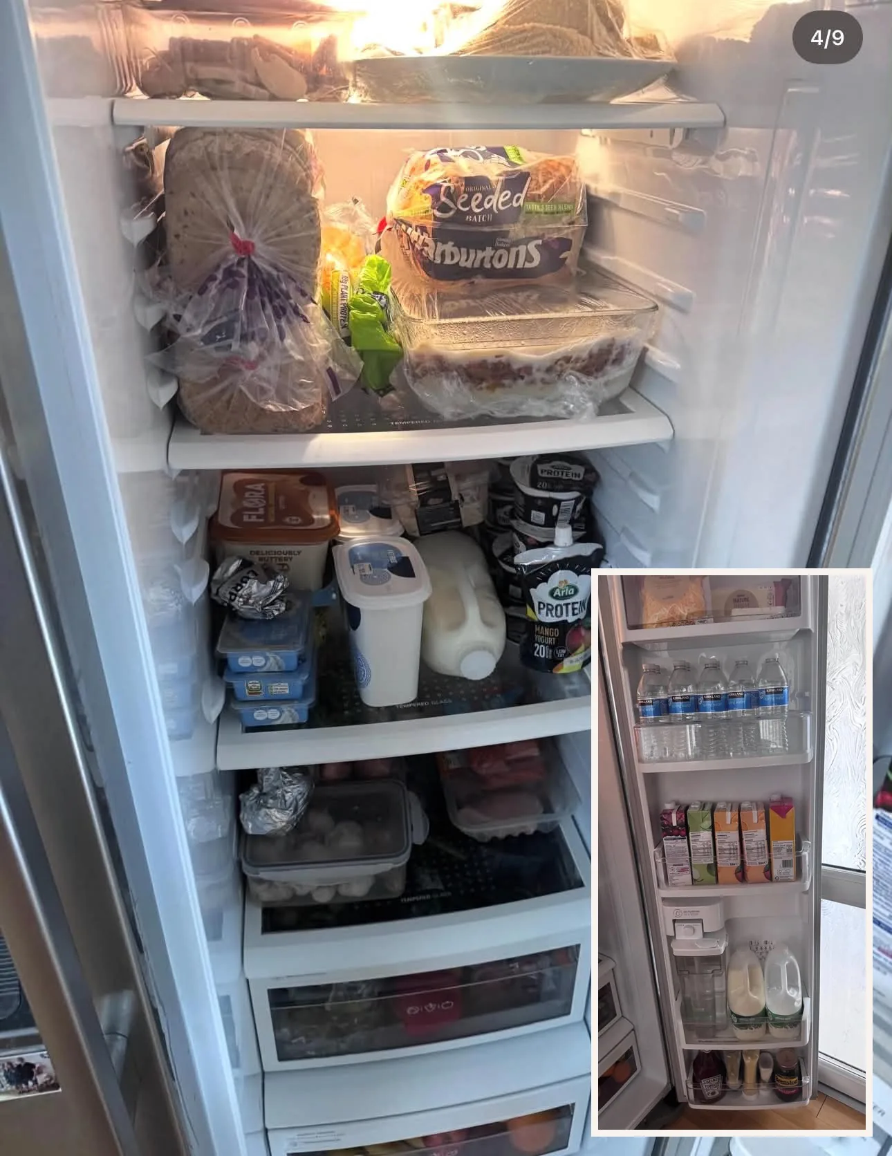 Fully stocked organised fridge with inset showing the organised fridge door